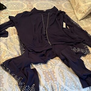 VENUS Navy Jacket and Pants Activewear with Rhinestone Sleeves